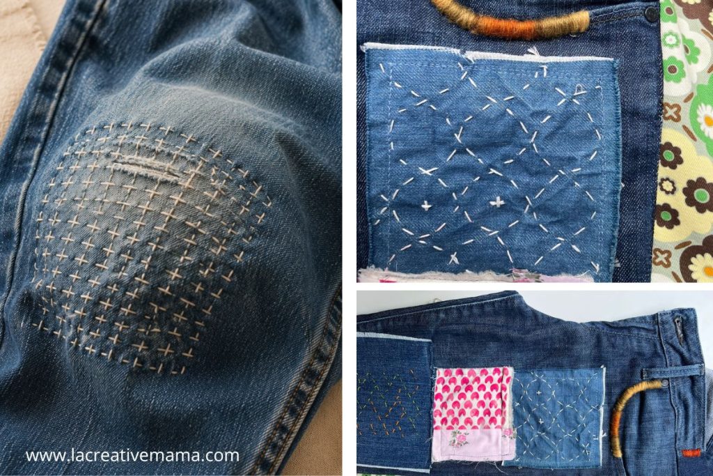 Visible mending techniques on jeans: sashiko-style stitching over a worn knee and contrasting denim patches