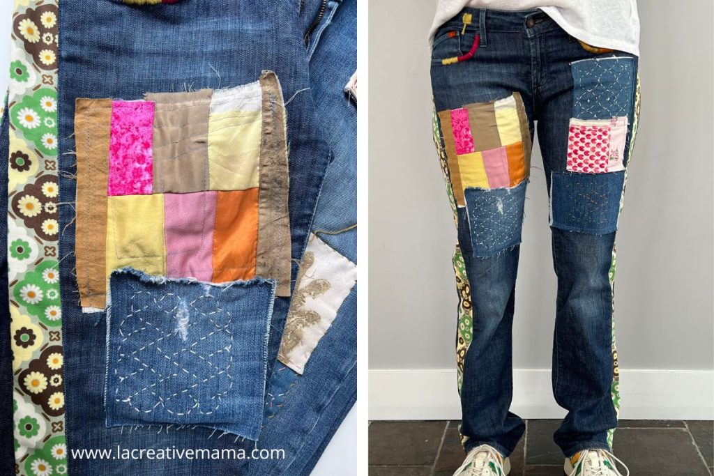 Upcycled jeans with colorful patchwork appliqué and sashiko visible mending patches