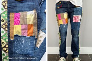 Upcycled jeans with colorful patchwork appliqué and sashiko visible mending patches