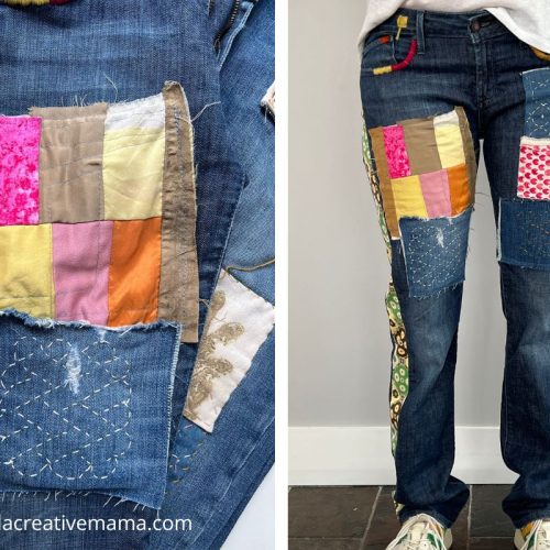 Upcycled jeans with colorful patchwork appliqué and sashiko visible mending patches