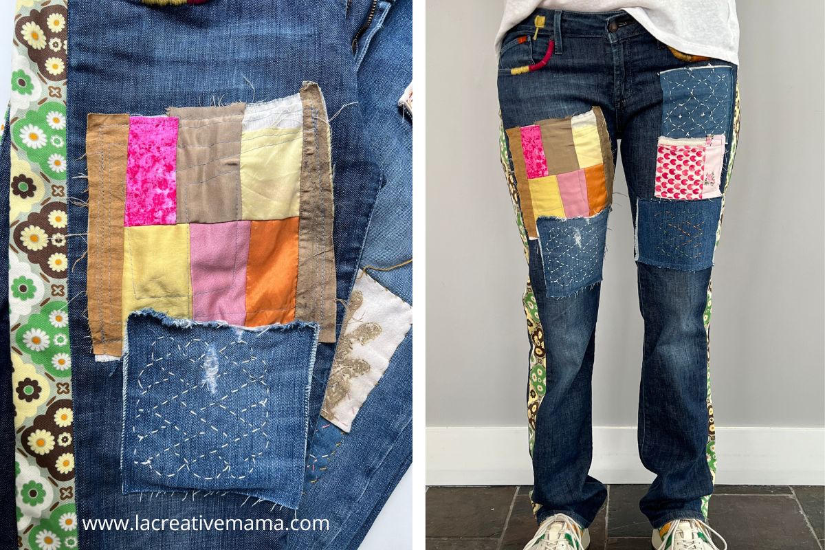 Upcycled jeans with colorful patchwork appliqué and sashiko visible mending patches