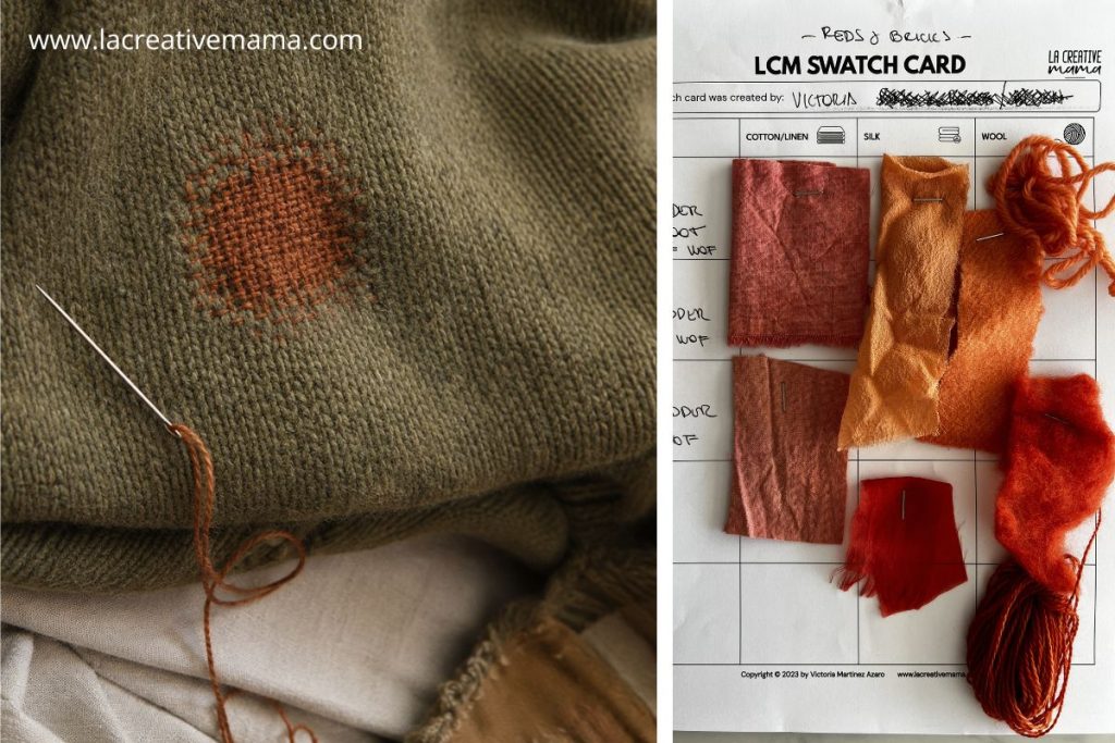 Darning a hole in an olive knit sweater with contrasting naturally dyed terracotta thread
