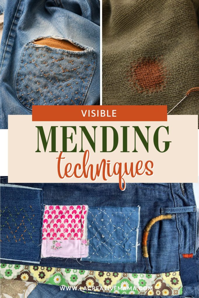 Visible mending techniques on jeans and knitwear: sashiko stitching, patches and darning