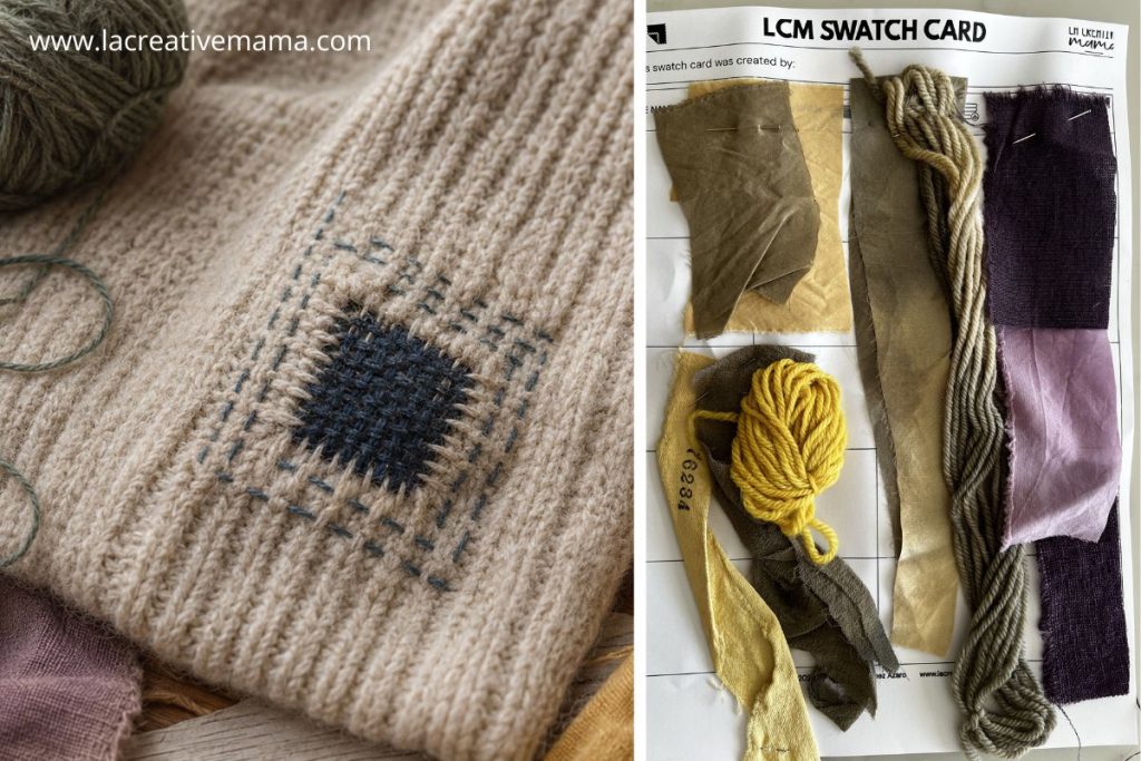 Woven darning stitch in indigo thread on a cream wool knit, visible mending on knitwear