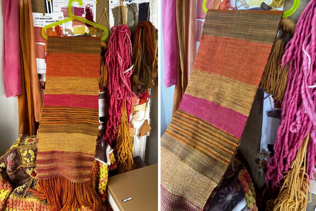 woven scarf created with naturally dyed yarn using eucalyptus cinerea for the warp