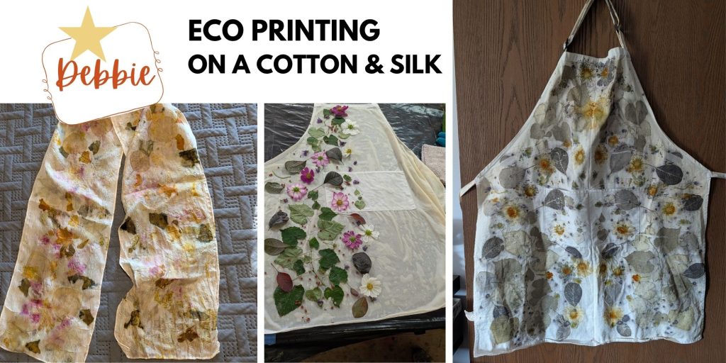 Debbie's first eco prints: a silk scarf and a cotton apron printed with leaves and flowers