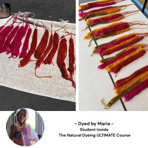 Pink, red and gold yarns dyed by Maria