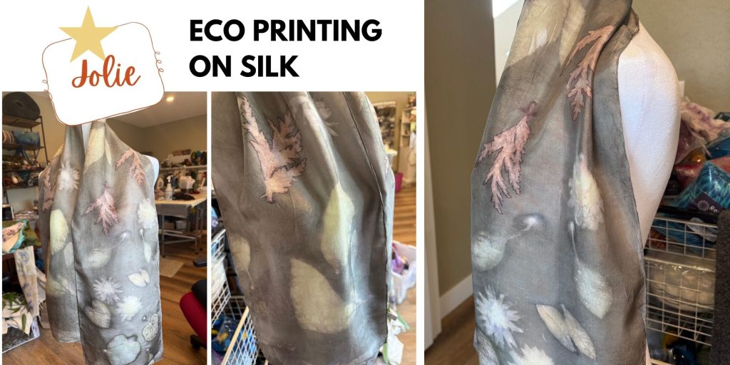 Jolie's eco printed silk scarf made with a cherry leaf solar dye blanket