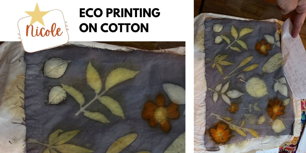 Nicole's eco print on cotton with leaves and flowers on a purple iron blanket background