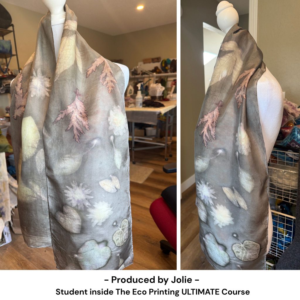 Eco printed silk scarf made by Jolie, student in the Eco Printing ULTIMATE Course