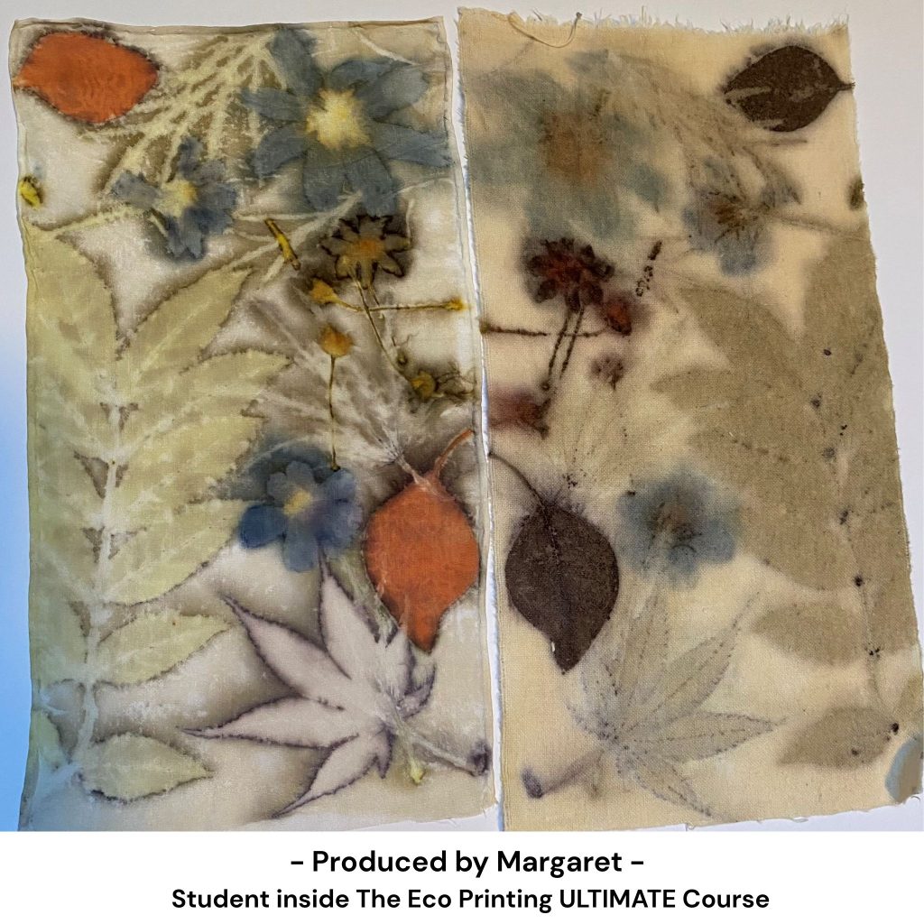 Botanical eco prints on silk and wool made by Margaret, student in the Eco Printing ULTIMATE Course